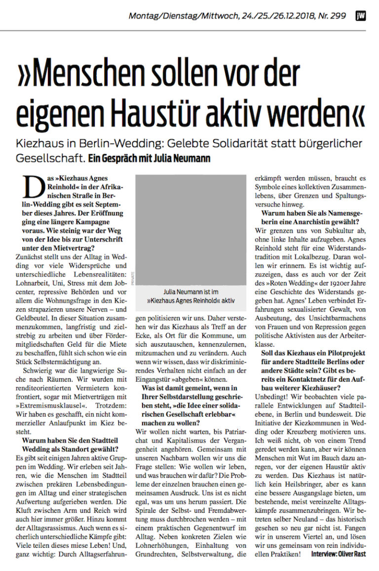 Interview In Der Tageszeitung „junge Welt“ Kiezhaus Agnes Reinhold 8071
